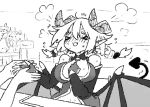  &gt;_&lt; /\/\/\ 1girl :3 bare_shoulders braid breasts closed_eyes commentary_request demon_girl demon_horns demon_tail demon_wings facing_viewer fingerless_gloves flying_sweatdrops gloves greyscale hair_between_eyes hand_holding hand_up horns large_breasts latenight low_wings monochrome monster_girl_encyclopedia solo_focus succubus succubus_(monster_girl_encyclopedia) sweat sweating_profusely tail twin_braids wings 