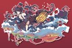  1girl black_hair breasts cleavage fate/grand_order fate_(series) hair_ornament ideolo katsushika_hokusai_(fate/grand_order) long_hair looking_at_viewer red_background red_eyes revealing_clothes simple_background solo tentacle waves 