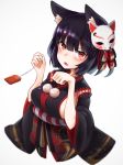  1girl absurdres animal_ears azur_lane black_hair breasts cat_ears eyebrows_visible_through_hair fang fox_mask hair_ornament higashigure highres japanese_clothes kimono looking_at_viewer mask medium_breasts open_mouth paw_pose pom_pom_(clothes) red_eyes short_hair sideboob simple_background solo upper_body white_background wide_sleeves yamashiro_(azur_lane) 