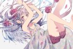  1girl angel_wings armpits arms_up bangs bare_arms bare_legs bare_shoulders barefoot bloomers blush breasts cleavage collarbone commentary_request dress floating_hair flower glint grey_hair highres legs_up long_hair looking_at_viewer nail_polish omutatsu original petals pink_eyes pink_flower pink_nails rose see-through sidelocks simple_background small_breasts solo thighs underwear very_long_hair white_background white_dress wings 