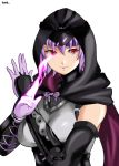  1girl arm_guards armor aura ayane ayane_(doa) bangs bodysuit breasts closed_mouth commentary_request dead_or_alive dead_or_alive_6 elbow_gloves gloves headband hood hood_up lips looking_at_viewer medium_breasts ninja purple_hair red_eyes simple_background solo tsune_(tnmy4375) upper_body white_background 