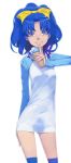  1girl akinbo_(hyouka_fuyou) arm_behind_back blue_eyes blue_hair blue_legwear blue_sleeves bow contrapposto food hair_bow high_ponytail highres holding ice_cream index_finger_raised kirakira_precure_a_la_mode long_hair long_sleeves looking_at_viewer precure shiny shiny_hair shirt smile solo standing tategami_aoi white_background white_shirt yellow_bow 