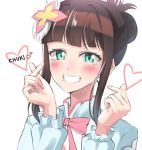  1girl bangs blush bow brown_hair commentary_request eyebrows_visible_through_hair fingernails green_eyes grin hair_bun hair_ornament hands_up head_tilt heart highres kurosawa_dia long_hair long_sleeves looking_at_viewer love_live! love_live!_sunshine!! mole mole_under_mouth pink_bow shaka_(staito0515) shirt sidelocks simple_background smile solo upper_body white_background white_shirt 