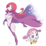  2girls :d black_eyes bodysuit breasts cape chibi commentary_request copyright_request flying long_hair looking_at_viewer multiple_girls open_mouth parted_lips purple_cape redhead reiesu_(reis) simple_background small_breasts smile white_background 