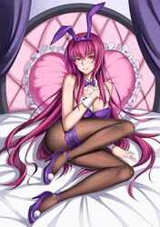  1girl absurdres animal_ears bed black_legwear breasts bunny_girl bunnysuit cleavage commentary_request curtains fate/grand_order fate_(series) fishnet_pantyhose fishnets full_body garter_belt heart heart_pillow high_heels highres large_breasts leotard light_smile long_hair looking_at_viewer pantyhose parted_lips pillow purple_footwear purple_hair purple_leotard purple_neckwear rabbit_ears red_eyes scathach_(fate)_(all) scathach_(fate/grand_order) sitting solo strapless strapless_leotard xiao_gen yokozuwari 