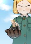  1boy 1girl :&gt; axe bangs belt black_pants blonde_hair blue_sky blurry blurry_background blush brown_gloves closed_eyes closed_mouth coat commentary_request day depth_of_field eyebrows_visible_through_hair fate/grand_order fate_(series) giantess gloves green_coat green_hat grin hand_on_hip hat highres holding holding_weapon long_sleeves looking_at_viewer muscle outdoors pants parted_bangs paul_bunyan_(fate/grand_order) rei_(rei_rr) sakata_kintoki_(fate/grand_order) shirtless short_hair sky smile sunglasses weapon 