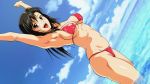  1girl arms_up bikini black_hair blue_sky breasts brown_eyes clouds commentary_request day dutch_angle long_hair looking_at_viewer medium_breasts navel nolia open_mouth original outdoors pink_bikini ribs shallow_water sky smile soaking_feet solo standing swimsuit upper_teeth 