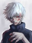  1boy bite_addict black_eyes black_nails blood blood_on_face bloody_hair bloody_hands bloody_mouth eyebrows_visible_through_hair hands heterochromia kaneki_ken medium_hair nail_polish parted_lips red_eyes sketch solo tokyo_ghoul upper_body white_hair 