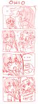  2girls 4koma :d ahoge body_pillow comic english highres k_(sktchblg) long_sleeves monochrome multiple_girls neckerchief open_mouth sailor_collar short_hair smile speech_bubble spoken_/\/\/\ 