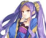 1girl :d blue_bow blush bow breasts chinese_clothes cleavage collarbone commentary_request fangs fate/grand_order fate_(series) forehead hair_ornament hair_scrunchie hand_on_own_chin hand_up hanfu kasuka_(kusuki) long_hair open_clothes open_mouth purple_hair scrunchie sidelocks simple_background smile solo twintails upper_body very_long_hair violet_eyes white_background wu_zetian_(fate/grand_order) yellow_scrunchie 