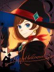  1girl ace_attorney alternate_costume bat_(animal) black_gloves blue_eyes brown_hair bug cape closed_mouth earrings gloves halloween halloween_costume hanaasagi_gs happy_halloween hat jewelry long_hair looking_at_viewer silk simple_background smile solo spider spider_web trucy_wright upper_body witch_hat 