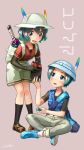  2girls :d backpack bag black_gloves black_hair black_legwear black_shirt blue_eyes blue_vest breast_pocket collarbone commentary_request elbow_gloves eyebrows_visible_through_hair full_body gloves green_eyes green_hair grey_pants hat hat_feather highres joy-con kaban_(kemono_friends) kemono_friends kneehighs kyururu_(kemono_friends) legs_crossed looking_at_another multicolored_hair multiple_girls nintendo_switch open_mouth pants pocket red_shirt shirt short_hair short_sleeves shorts shoulder_bag signature simple_background sitting smile two-tone_hair vest wavy_hair welt_(kinsei_koutenkyoku) white_hat white_shorts 