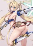  1girl akatsuki_ikki armpits ass blonde_hair blue_eyes blush boots bradamante_(fate/grand_order) braid breasts cleavage commentary_request elbow_gloves fate/grand_order fate_(series) french_braid gloves hair_between_eyes hair_ribbon highres knee_boots large_breasts legs_folded long_hair looking_at_viewer open_mouth outstretched_arm parted_lips ribbon shiny shiny_skin simple_background solo twintails very_long_hair 