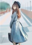  1girl absurdres bag black_hat blue_coat blurry blurry_background brown_hair coat commentary dokshuri feet_out_of_frame girls_frontline green_eyes hair_between_eyes hat highres holding holding_bag long_hair long_sleeves looking_at_viewer looking_back m1903_springfield_(girls_frontline) smile solo standing 