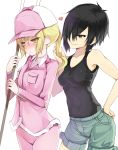  2girls abs arashiya bare_shoulders baseball_cap black_eyes black_hair black_tank_top blonde_hair blush breasts coat covered_navel cowboy_shot eosinophil_(hataraku_saibou) fur_trim grin hair_over_one_eye hand_in_another&#039;s_hair hand_on_hip hat hataraku_saibou heart long_sleeves medium_breasts multiple_girls nk_cell_(hataraku_saibou) pants pink_hat polearm short_hair shorts simple_background skin_tight sleeveless smile spear standing tank_top twintails weapon white_background yellow_eyes yuri 