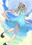  1girl :d ama_mitsuki aqua_eyes black_bow blonde_hair blue_dress blush bow clouds commentary_request day dress full_body hair_bow hair_ribbon high_heels holding holding_umbrella long_hair looking_at_viewer open_mouth original outdoors rain revision ribbon sailor_dress shoes short_sleeves skirt smile socks solo twintails umbrella upper_teeth very_long_hair white_legwear white_neckwear white_umbrella 