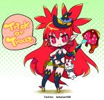  1girl asymmetrical_gloves bat_wings bikini chibi demon_tail disgaea etna food fork fruit gloves halloween hat hekaton long_hair pointy_ears red_eyes redhead shoes solo standing strawberry swimsuit tail thigh-highs very_long_hair winged_shoes wings witch_hat 