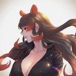  1girl animal_ears black_hair bodysuit breasts cleavage collarbone commentary_request extra_ears eyebrows_visible_through_hair highres hippopotamus_(kemono_friends) hippopotamus_ears kemono_friends long_hair multicolored_hair profile red_eyes redhead solo takami_masahiro 