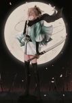  1girl black_legwear black_scarf blonde_hair brick cjmy fate/grand_order fate_(series) full_moon haori japanese_clothes katana looking_at_viewer moon night obi okita_souji_(fate)_(all) sash scarf solo sword thigh-highs weapon yellow_eyes 