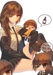  4girls black_gloves black_legwear blonde_hair blush bottle braid brown_eyes brown_hair chibi closed_eyes drunk eyebrows_visible_through_hair eyepatch facial_scar girls_frontline gloves highres holding holding_bottle jacket long_hair long_sleeves looking_at_viewer m16a1_(girls_frontline) mole mole_under_eye multicolored_hair multiple_girls necktie pleated_skirt scar simple_background skirt smile spoken_object streaked_hair white_background xanax025 