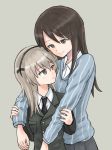  2girls arm_grab bangs black_jacket black_neckwear black_ribbon blue_shirt brown_eyes brown_hair closed_mouth commentary dress_shirt eyebrows_visible_through_hair frown girls_und_panzer grey_background grey_skirt hair_ribbon hug hug_from_behind jacket keizoku_school_uniform light_brown_hair long_hair long_sleeves looking_at_another looking_back mika_(girls_und_panzer) military military_uniform multiple_girls mutsu_(layergreen) necktie no_hat no_headwear pleated_skirt ribbon school_uniform selection_university_military_uniform shimada_arisu shirt side_ponytail simple_background skirt smile standing striped striped_shirt uniform vertical-striped_shirt vertical_stripes white_shirt wing_collar 