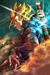  1boy aqua_eyes blonde_hair capsule_corp denim denim_jacket dragon_ball dragonball_z fingernails fire glowing jacket looking_back male_focus profile serious short_hair smoke spiky_hair st62svnexilf2p9 super_saiyan sword trunks_(dragon_ball) upper_body weapon 