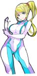  1girl blonde_hair blue_eyes bodysuit breasts closed_mouth covered_navel enpe eyebrows_visible_through_hair highres large_breasts long_hair metroid mole mole_under_mouth nintendo ponytail samus_aran simple_background smile solo super_smash_bros. white_background white_bodysuit zero_suit 