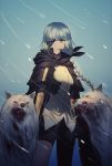  1girl blood blood_on_face braid eyepatch girls_frontline highres long_hair looking_at_viewer m16a1_(girls_frontline) m16a1_(girls_frontline)_(boss) mole mole_under_eye silver_hair standing wolf xanax025 yellow_eyes 