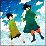  2boys black_hair blue_sky boots border clenched_hands clouds cloudy_sky coat commentary day dragon_ball dragon_ball_super dragon_ball_super_broly dragonball_z dutch_angle english_commentary fighting_stance frown full_body looking_away male_focus mountain multiple_boys outdoors serious short_hair sky snow son_gokuu spiky_hair spread_legs standing symbol_commentary toritoki_(trig_tkdb) vegeta winter_clothes winter_coat 