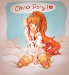  1girl :d arm_between_legs arm_up bed_sheet blue_eyes character_request clothes_writing copyright_request fangs heart highres horizontal_stripes k_(sktchblg) long_hair looking_at_viewer one_eye_closed open_mouth orange_legwear pillow ponytail shirt short_sleeves smile solo speech_bubble spoken_heart striped striped_legwear t-shirt thigh-highs translation_request very_long_hair white_bed_sheet white_pillow white_shirt zettai_ryouiki 