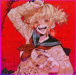  1girl arm_up bangs black_sailor_collar black_skirt blonde_hair blood blood_on_face bloody_clothes bloody_hands blunt_bangs blush boku_no_hero_academia cardigan chariko commentary double_bun english_commentary fangs holding holding_knife holding_weapon knife long_sleeves looking_at_viewer neckerchief open_mouth pleated_skirt red_background red_neckwear sailor_collar school_uniform serafuku short_hair skirt smile solo stabbing steam_from_mouth toga_himiko tongue tongue_out upper_body weapon 