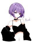  1girl absurdres bangs bare_shoulders black_collar black_jacket breasts camisole character_name collar commentary crop_top eyebrows_visible_through_hair eyelashes head_tilt highres jacket long_sleeves looking_at_viewer midriff navel niconico off_shoulder open_clothes open_jacket purple_hair reol sheya short_hair simple_background small_breasts solo spaghetti_strap stomach symbol_commentary upper_body violet_eyes white_background wide_sleeves 