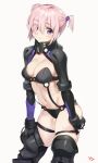 1girl alternate_hairstyle armor bikini_armor black_bra black_gloves black_panties blush bra breasts closed_mouth cowboy_shot eyebrows_visible_through_hair fate/grand_order fate_(series) gloves gorget grey_background hair_ornament hair_over_one_eye highres leg_strap looking_at_viewer mash_kyrielight medium_breasts navel panties pink_hair short_hair signature simple_background skindentation smile solo thigh-highs twintails underwear violet_eyes yang-do 