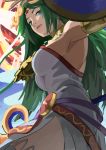  1girl american_dog_wo bare_shoulders blue_eyes bracer breasts circlet dress from_below goddess green_hair kid_icarus large_breasts long_hair looking_at_viewer nintendo palutena shield side_slit solo staff strapless strapless_dress thigh-highs very_long_hair white_dress white_legwear 