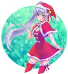  1girl blue_eyes capelet christmas dress fur_trim hat highres iesupa jewelry long_hair pendant ponytail red_dress rwby santa_costume santa_hat scar scar_across_eye side_ponytail weiss_schnee white_hair 