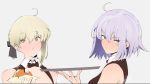  2girls :t ahoge artoria_pendragon_(all) black_bow blonde_hair blush bow bowtie brown_legwear closed_mouth commentary_request detached_collar eating fate/grand_order fate_(series) food grey_hair hair_between_eyes hair_bow hamburger highres holding holding_food jeanne_d&#039;arc_(alter)_(fate) jeanne_d&#039;arc_(fate)_(all) jikatarou looking_at_viewer multiple_girls saber_alter short_hair sweatdrop tray violet_eyes wing_collar yellow_eyes 