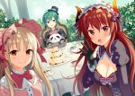  1other 2girls :o androgynous bangs black_gloves black_hat blue_flower blue_rose blue_sky blush bow breasts brown_eyes bush cake cleavage closed_mouth clouds cloudy_sky collared_shirt commentary_request cup day doora_(nijisanji) dragon_horns eyebrows_visible_through_hair flower food gloves green_hair grey_shirt hair_between_eyes hair_bow hand_up hat hat_flower highres horns juliet_sleeves large_breasts light_brown_hair long_hair long_sleeves mini_hat mini_top_hat multiple_girls nijisanji object_hug open_mouth outdoors parted_lips partly_fingerless_gloves pink_flower pink_rose pink_shirt puffy_sleeves purple_bow purple_shirt red_eyes redhead rose ryuushen shirt short_hair sister_cleaire sky smile striped striped_bow striped_shirt stuffed_animal stuffed_panda stuffed_toy table teacup teapot tilted_headwear top_hat tree v-shaped_eyebrows vertical-striped_shirt vertical_stripes very_long_hair virtual_youtuber yuusa 