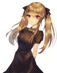  1girl :3 arms_behind_back black_dress bow bowtie brown_hair dress eyebrows_visible_through_hair girls_frontline hair_ornament hairclip highres long_hair looking_at_viewer scar scar_across_eye sidelocks simple_background solo twintails ump9_(girls_frontline) upper_body white_background xanax025 