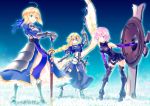  3girls ahoge armor armored_boots armored_dress armored_leotard artoria_pendragon_(all) banner bent_over black_legwear black_leotard blonde_hair blue_dress blue_eyes blue_ribbon blue_sky boots braid braided_ponytail breasts breasts_apart dress elbow_gloves eyebrows_visible_through_hair fate_(series) faulds full_body gauntlets gloves hair_over_one_eye hair_ribbon hand_on_own_knee hands_on_hilt headpiece holding holding_shield jeanne_d&#039;arc_(fate) jeanne_d&#039;arc_(fate)_(all) leotard long_hair looking_at_viewer mash_kyrielight medium_breasts multiple_girls noriccho! outdoors pink_eyes pink_hair pixiv_fate/grand_order_contest_2 purple_gloves ribbon saber sheath sheathed shield shiny shiny_hair short_hair single_braid sky standing sword thigh-highs thigh_boots very_long_hair weapon 