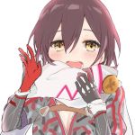  1girl :d black_gloves blush breasts cleavage commentary_request copyright_request eyebrows_visible_through_hair gloves grey_jacket hand_up jacket long_sleeves looking_at_viewer medium_breasts multicolored multicolored_clothes multicolored_gloves nanakagura open_mouth purple_hair red_gloves scarf short_hair simple_background smile solo upper_body white_background white_scarf yellow_eyes 