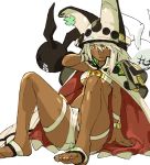  1girl american_dog_wo bangs beltbra breasts cape closed_mouth clover colored_eyelashes dark_skin four-leaf_clover guilty_gear guilty_gear_xrd hair_between_eyes hat highres long_hair medium_breasts orange_eyes ramlethal_valentine shorts simple_background sitting solo thigh_strap toenails white_background white_cape white_hair white_shorts 