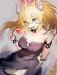  1girl armlet bangs black_collar black_dress black_nails blonde_hair blue_earrings blue_eyes borrowed_design bowsette bracelet breasts breathing_fire collar cowboy_shot crown dress earrings fingernails fire hair_between_eyes highres horns jewelry k_(sktchblg) large_breasts long_hair looking_at_viewer super_mario_bros. nail_polish new_super_mario_bros._u_deluxe nintendo open_mouth sharp_fingernails sharp_teeth smile solo spiked_bracelet spiked_collar spiked_shell spiked_tail spiked_thighlet spikes strapless strapless_dress super_crown tail teeth thighlet turtle_shell 