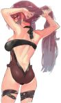 1girl adjusting_hair armpits arms_behind_head arms_up ass back back_cutout bangs black_swimsuit blush bow breasts butt_crack casual_one-piece_swimsuit cowboy_shot embarrassed from_behind girls_frontline hair_between_eyes half-closed_eyes holding holding_hair large_breasts long_hair long_sleeves looking_at_viewer looking_back multicolored multicolored_clothes one-piece_swimsuit profile purple_bow purple_hair purple_swimsuit red_eyes shirt side_cutout sideboob sidelocks sideways_glance simple_background sketch skindentation solo standing suisogenshi swimsuit swimsuit_under_clothes thigh_strap very_long_hair wa2000_(girls_frontline) white_background white_shirt 