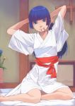  1girl akinbo_(hyouka_fuyou) aoki_reika arms_behind_head bangs blue_flower blue_hair blunt_bangs flower futon highres indoors japanese_clothes kimono long_hair looking_at_viewer mouth_hold ponytail precure red_ribbon ribbon sitting smile smile_precure! solo tying_hair white_kimono yellow_flower 