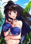  1girl arm_across_waist bangs bare_shoulders bikini blue_bikini blue_sky blurry blurry_background blurry_foreground blush bow braid breasts choker cleavage clouds collarbone day depth_of_field ekusufeito eyewear_on_head hair_ornament halter_top halterneck hand_up head_tilt highres honkai_impact large_breasts long_hair looking_at_viewer navel outdoors palm_tree ponytail purple_hair raiden_mei sarong side_braid sidelocks signature sky smile solo stomach sunglasses swimsuit tree upper_body very_long_hair violet_eyes 