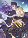  2girls alternate_costume axe black_bow black_gloves black_hat blonde_hair bow camilla_(fire_emblem_if) coat company_name copyright_name dragon elise_(fire_emblem_if) fire_emblem fire_emblem_cipher fire_emblem_if fur_hat fur_trim gloves hair_bow hair_over_one_eye hat long_hair multicolored_hair multiple_girls nintendo official_art open_mouth purple_hair riding siblings sisters snowing twintails violet_eyes wyvern yugyouji_tama 