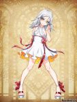  1girl clenched_hand copyright_name dress dress_bow full_bdoy halterneck long_hair morino_bambi pandora_party_project red_ribbon ribbon sandals smile solo standing white_dress white_hair yellow_background yellow_eyes 