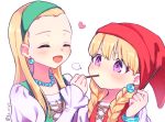  2girls :d blonde_hair blush braid closed_eyes closed_mouth collarbone dragon_quest dragon_quest_xi earrings food food_in_mouth green_hairband hairband hand_up hat heart holding holding_food jewelry juliet_sleeves kz_ripo long_hair long_sleeves low_twintails multiple_girls necklace open_mouth pearl_necklace pocky puffy_sleeves red_hat senya_(dq11) shirt simple_background sleeves_past_wrists smile twin_braids twintails twitter_username veronica_(dq11) violet_eyes white_background white_shirt 