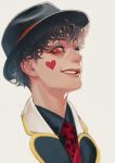  1boy black_hat black_shirt brown_hair commentary_request copyright_request eyeshadow fedora grey_background grin hat heart heart_print highres jacket looking_at_viewer makeup male_focus murasaki_(fioletovyy) necktie one_eye_closed red_eyes red_lips red_neckwear shirt simple_background smile solo 