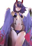  1girl bare_shoulders breasts eyeliner fate/grand_order fate_(series) hair_ornament highres horns japanese_clothes kimono kiriyama makeup navel oni open_clothes open_kimono purple_hair red_eyes short_hair shuten_douji_(fate/grand_order) simple_background sleeves_past_wrists solo violet_eyes white_background 